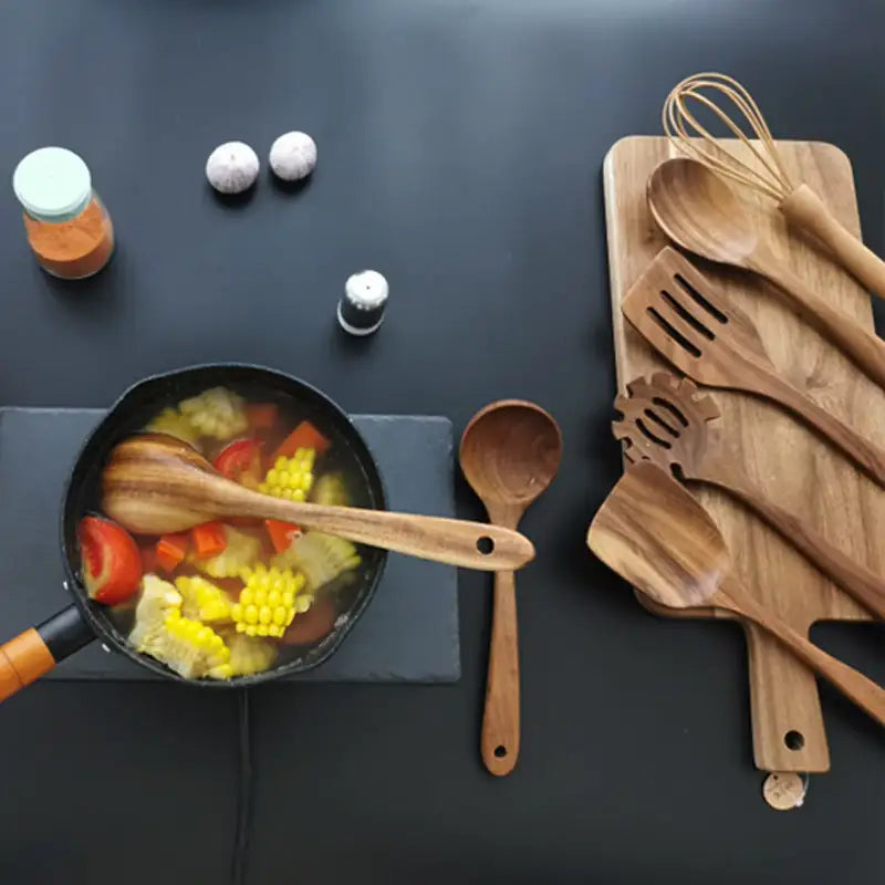 7-Piece Teak Midcentury Style Kitchen Utensil Set