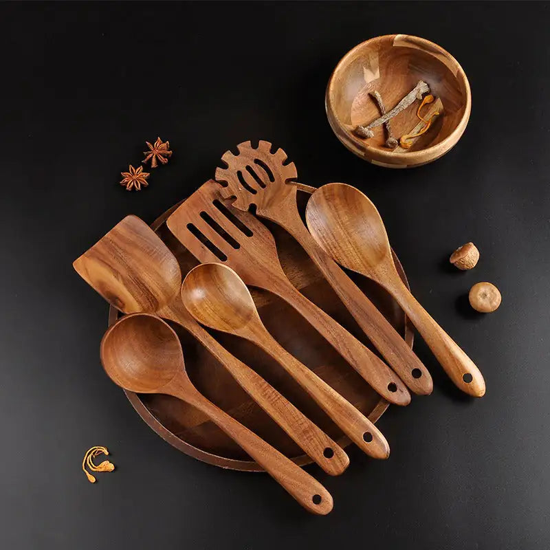 7-Piece Teak Midcentury Style Kitchen Utensil Set