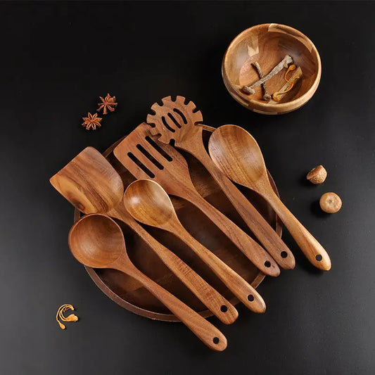 7-Piece Teak Midcentury Style Kitchen Utensil Set