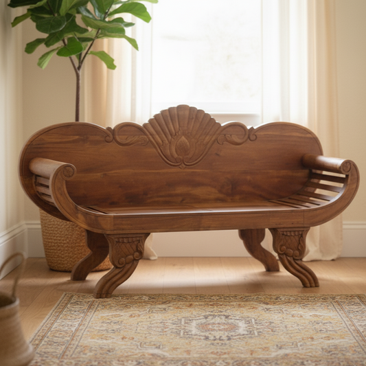 Ornate Hand Carved Indonesian Wooden Bench
