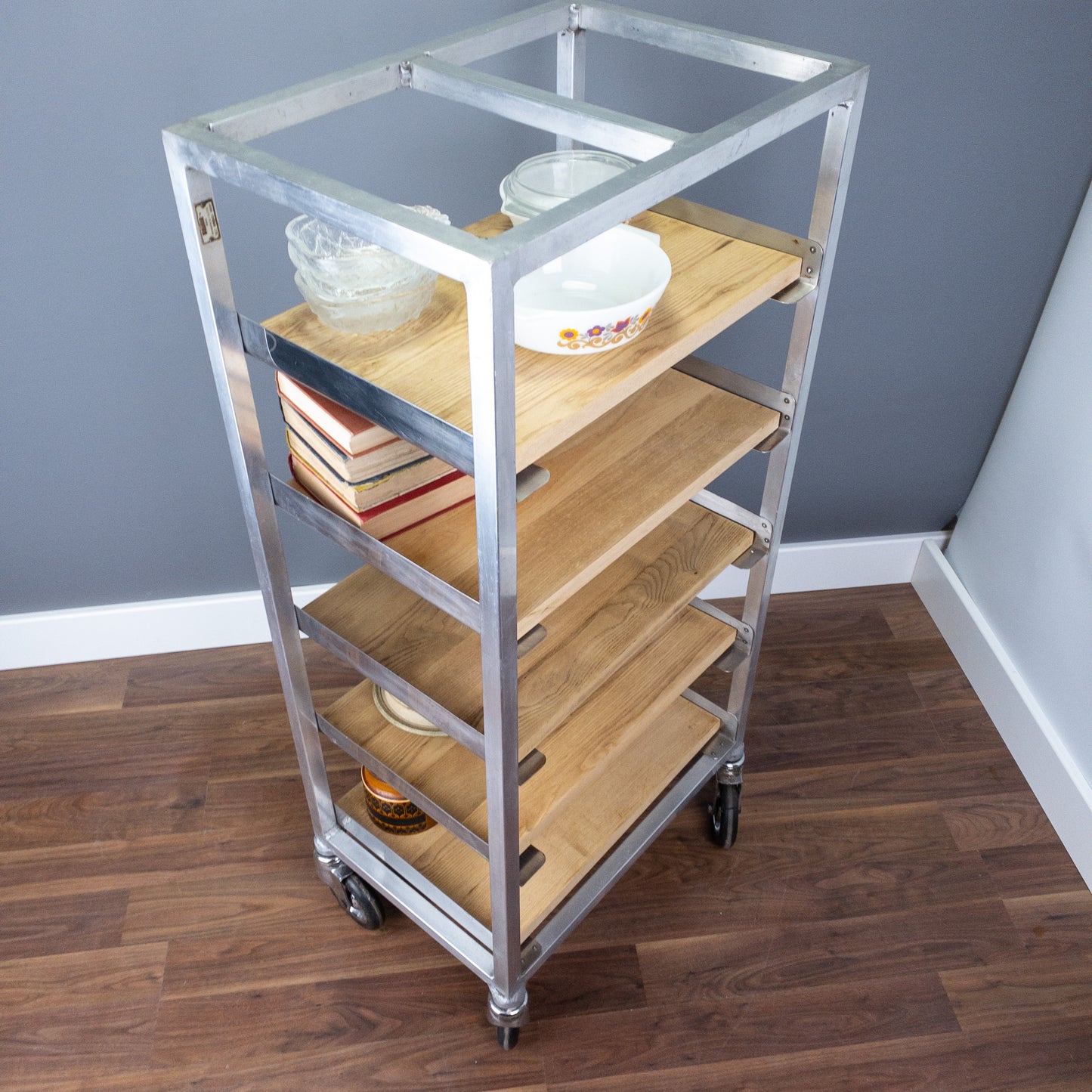 Vintage wheeled bakers trolley with bespoke shelving